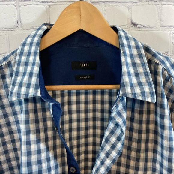 Hugo Boss Mens Long Sleeve Dress Shirt, Regular Fit, Blue and White Plaid - Picture 6 of 10